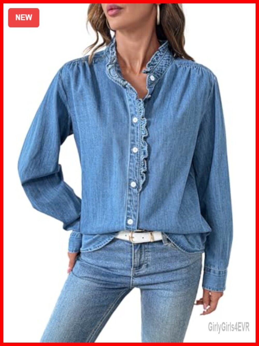 Womens Button Ruffled Edge Denim Shirt Long Sleeve Chambray Blouse